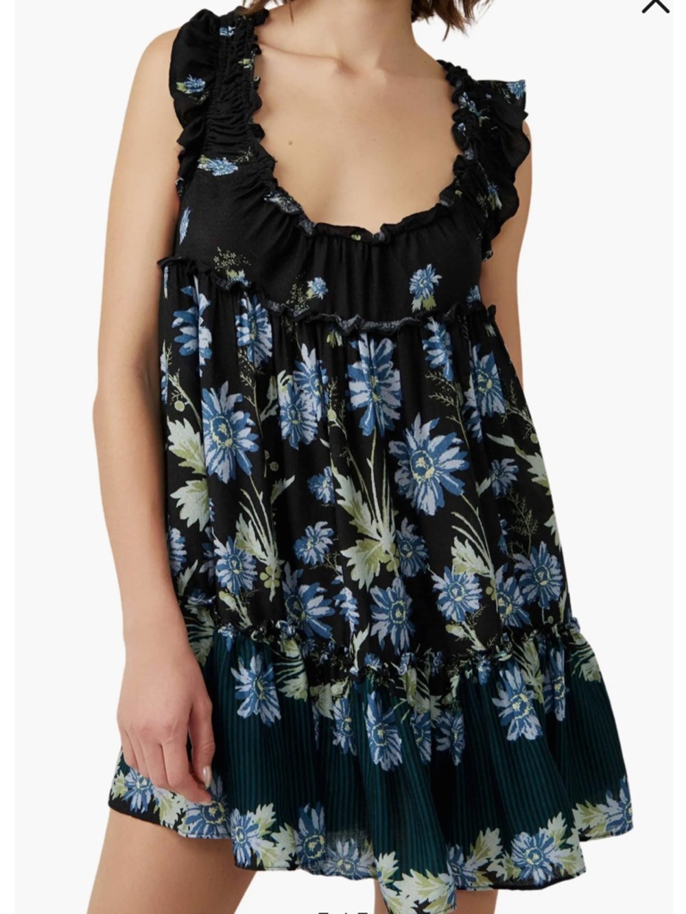 Free People Black and Blue Floral Mini Dress with Ruffles - Picture 4 of 16